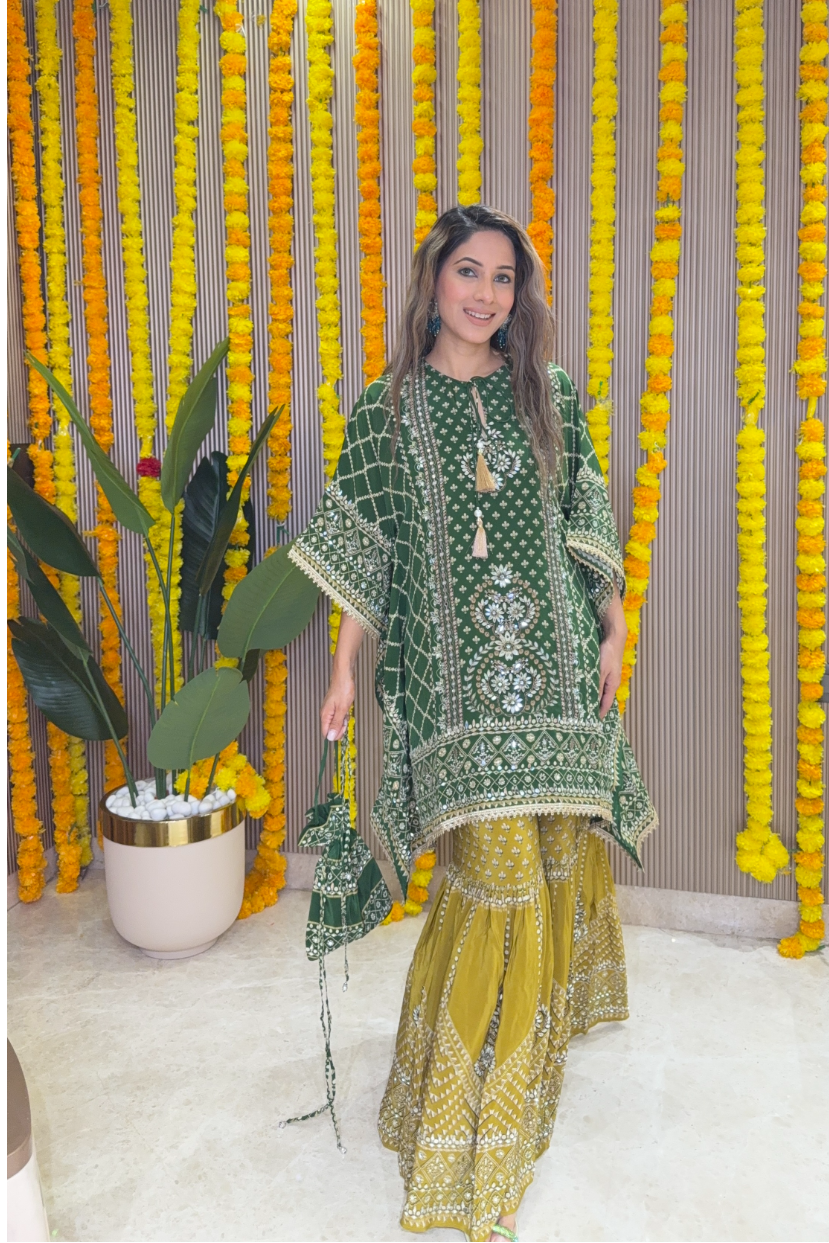 Son Chidhaiya - Kaftan Set (Green & Mustard)