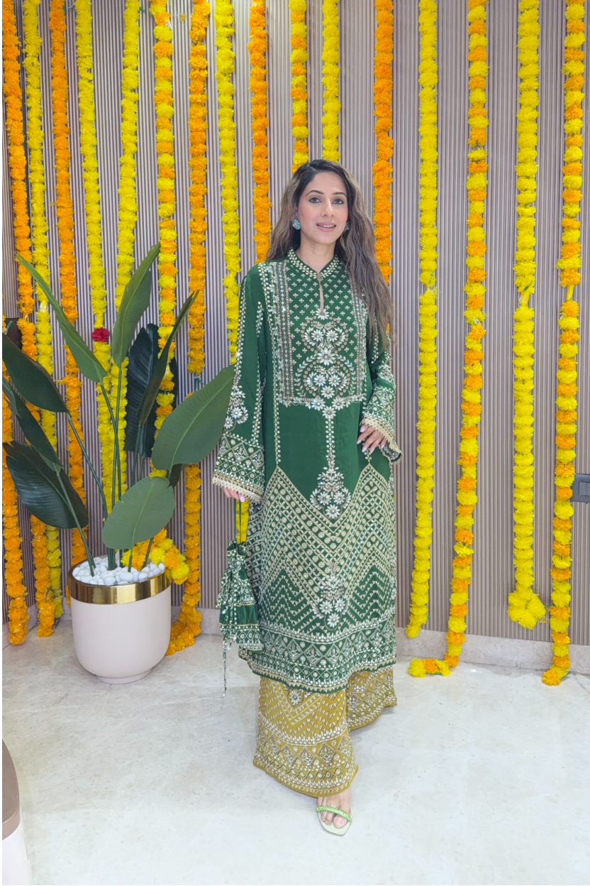 Son Chidhaiya - A-Line Kurta Set (Green & Mustard)
