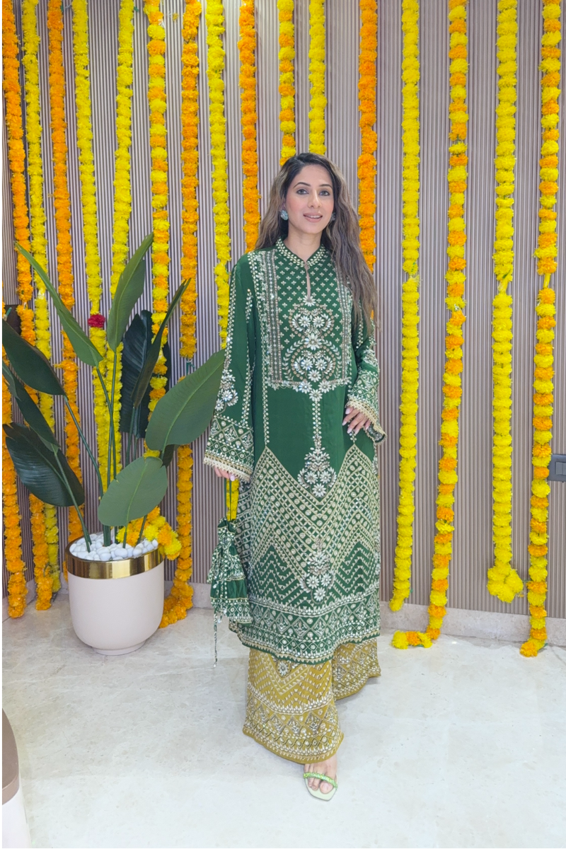 Son Chidhaiya - A-Line Kurta Set (Green & Mustard)