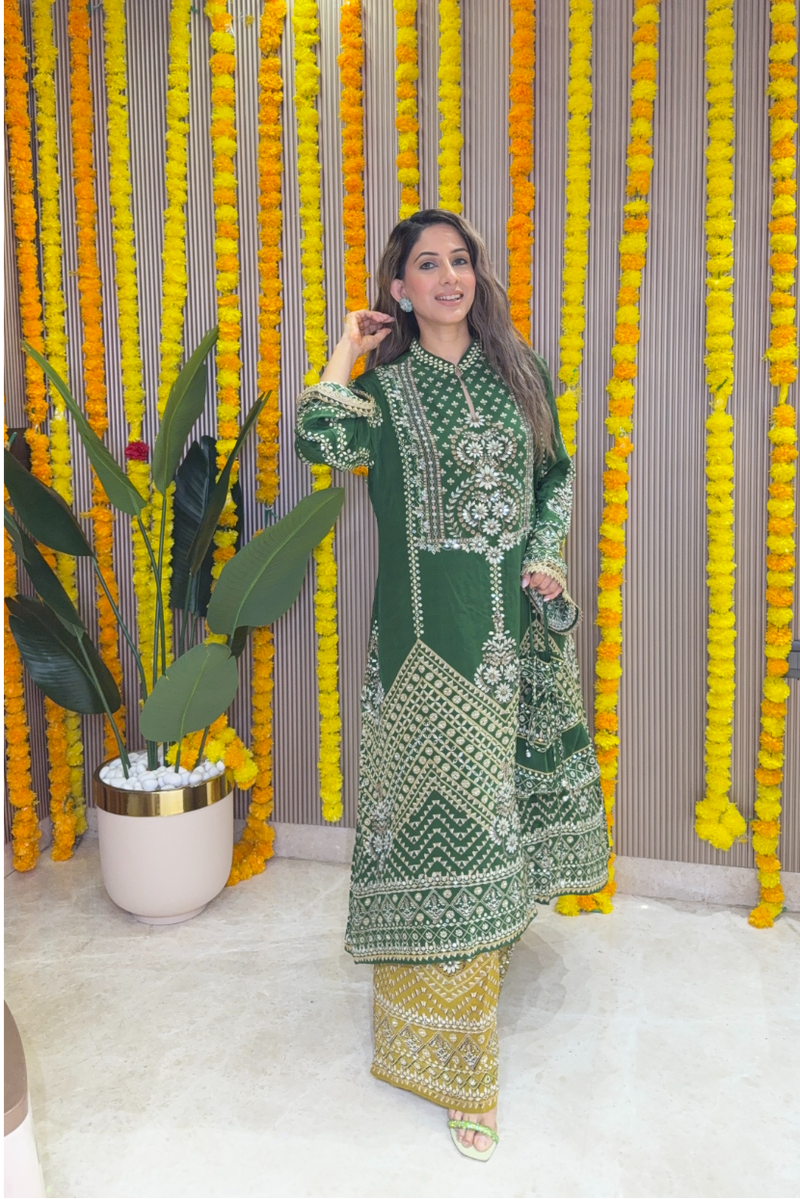 Son Chidhaiya - A-Line Kurta Set (Green & Mustard)