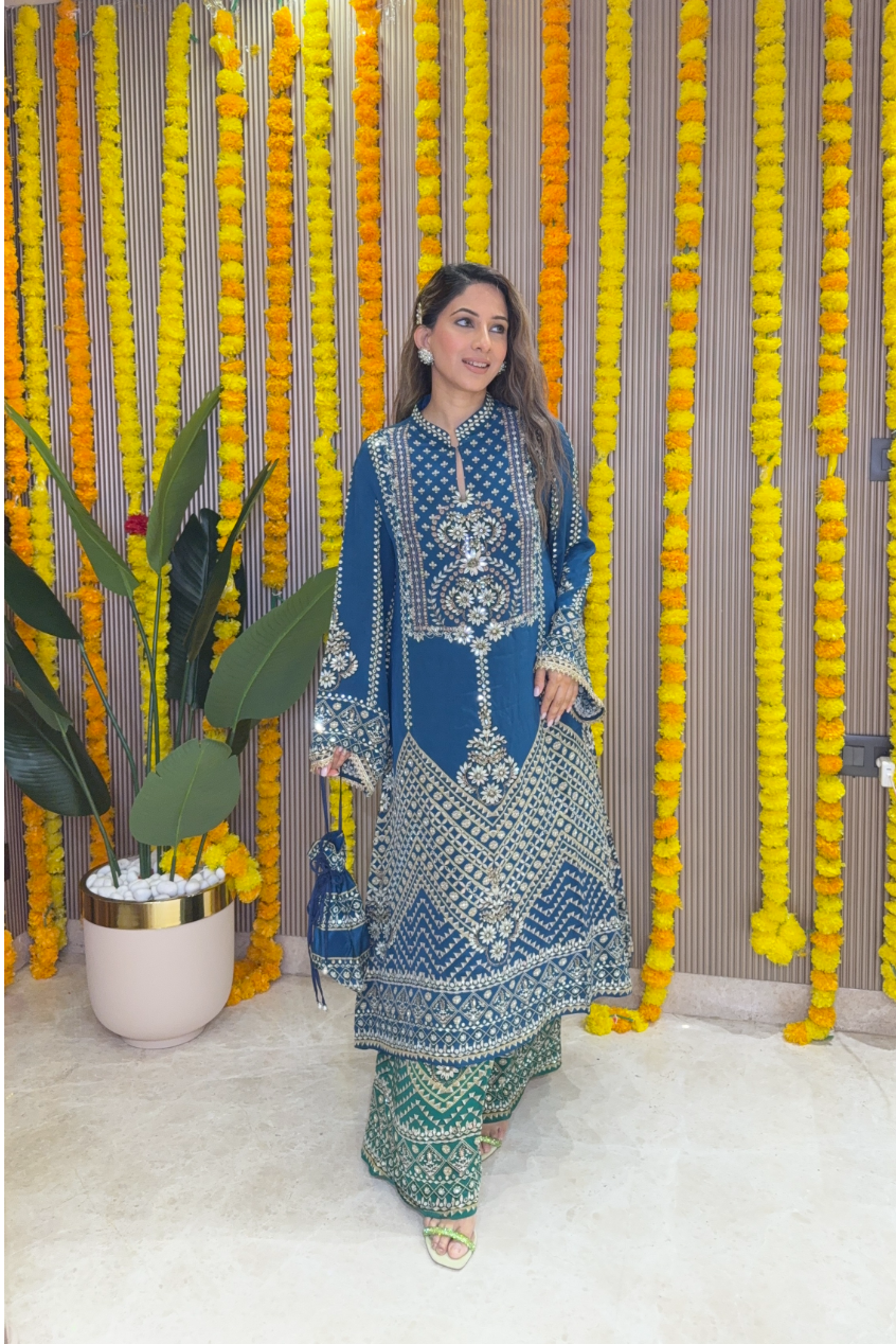 Son Chidhaiya - A-Line Kurta Set (Blue & Green)