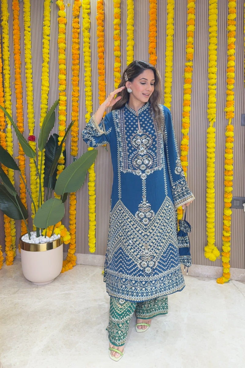 Son Chidhaiya - A-Line Kurta Set (Blue & Green)