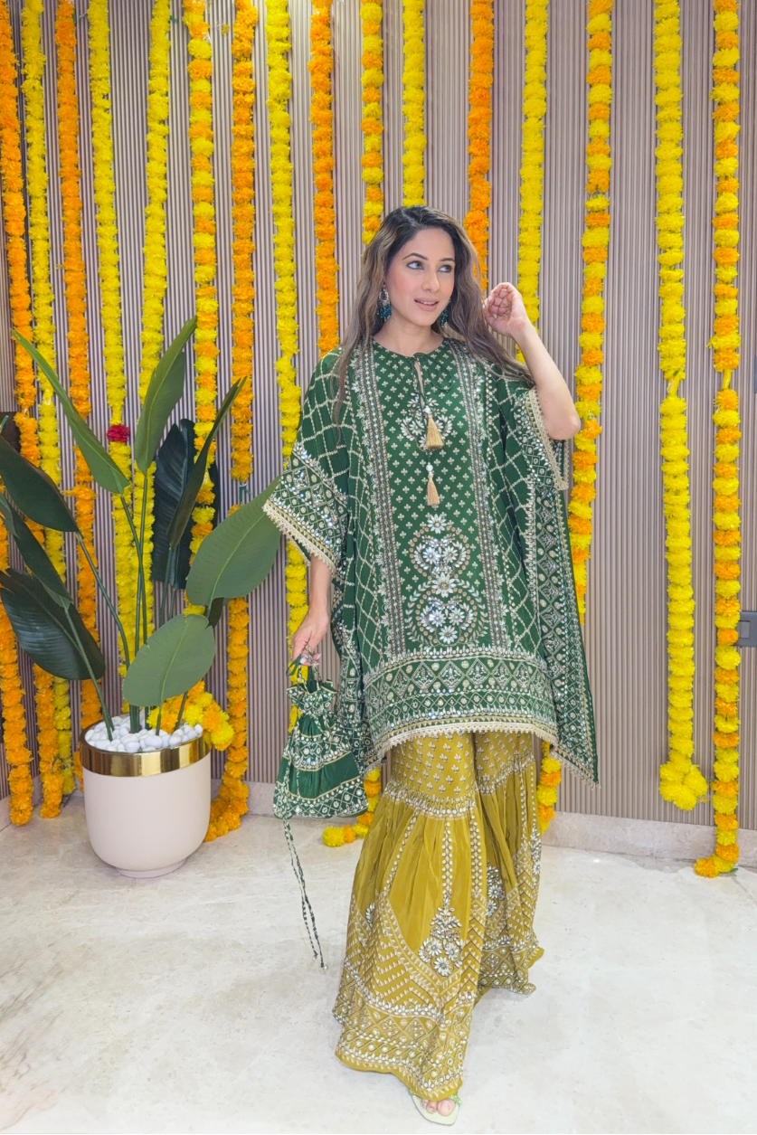 Son Chidhaiya - Kaftan Set (Green & Mustard)