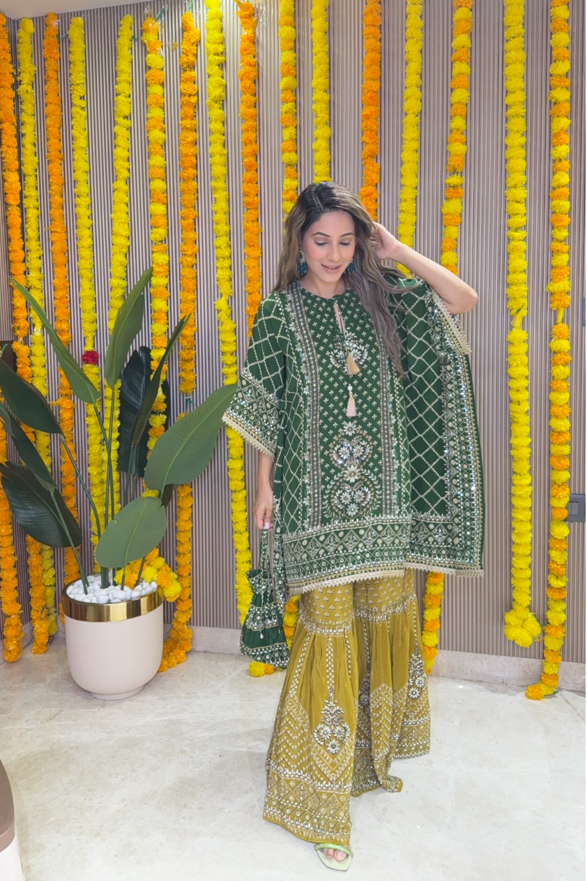 Son Chidhaiya - Kaftan Set (Green & Mustard)