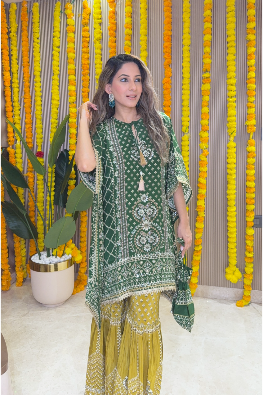 Son Chidhaiya - Kaftan Set (Green & Mustard)