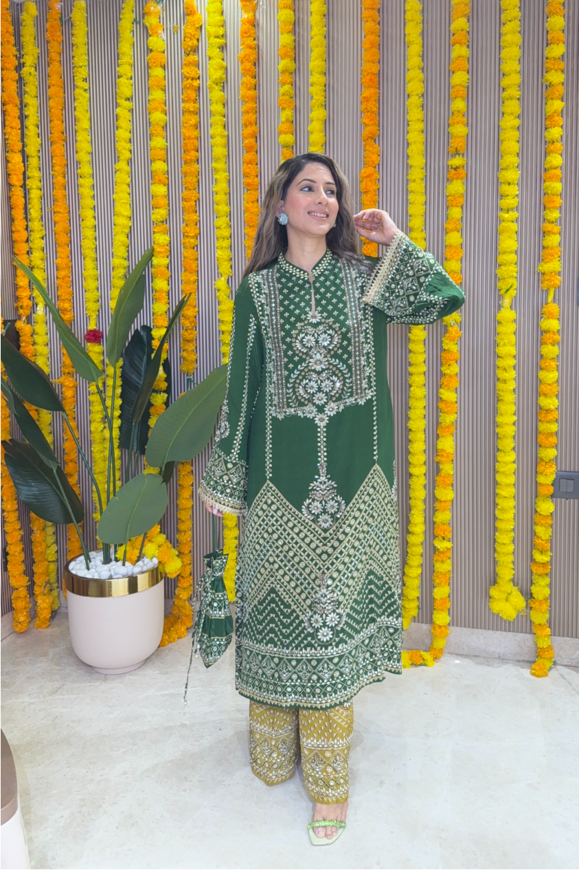 Son Chidhaiya - A-Line Kurta Set (Green & Mustard)