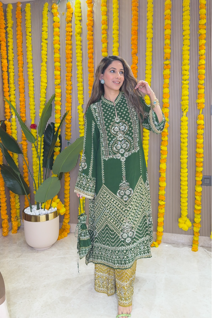 Son Chidhaiya - A-Line Kurta Set (Green & Mustard)
