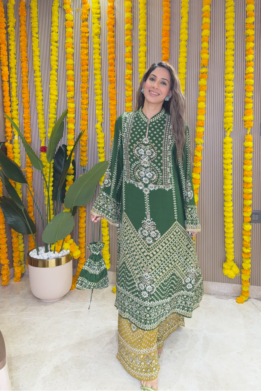Son Chidhaiya - A-Line Kurta Set (Green & Mustard)