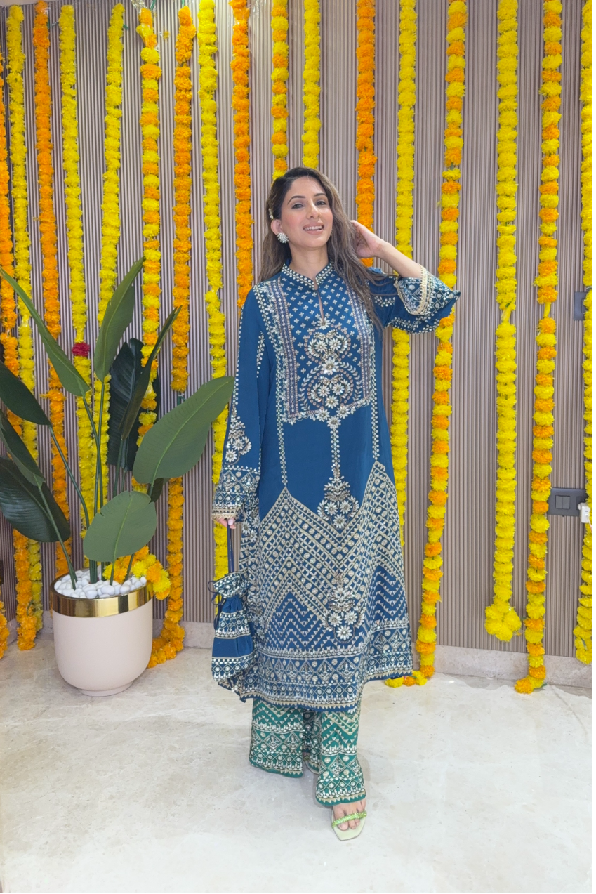 Son Chidhaiya - A-Line Kurta Set (Blue & Green)