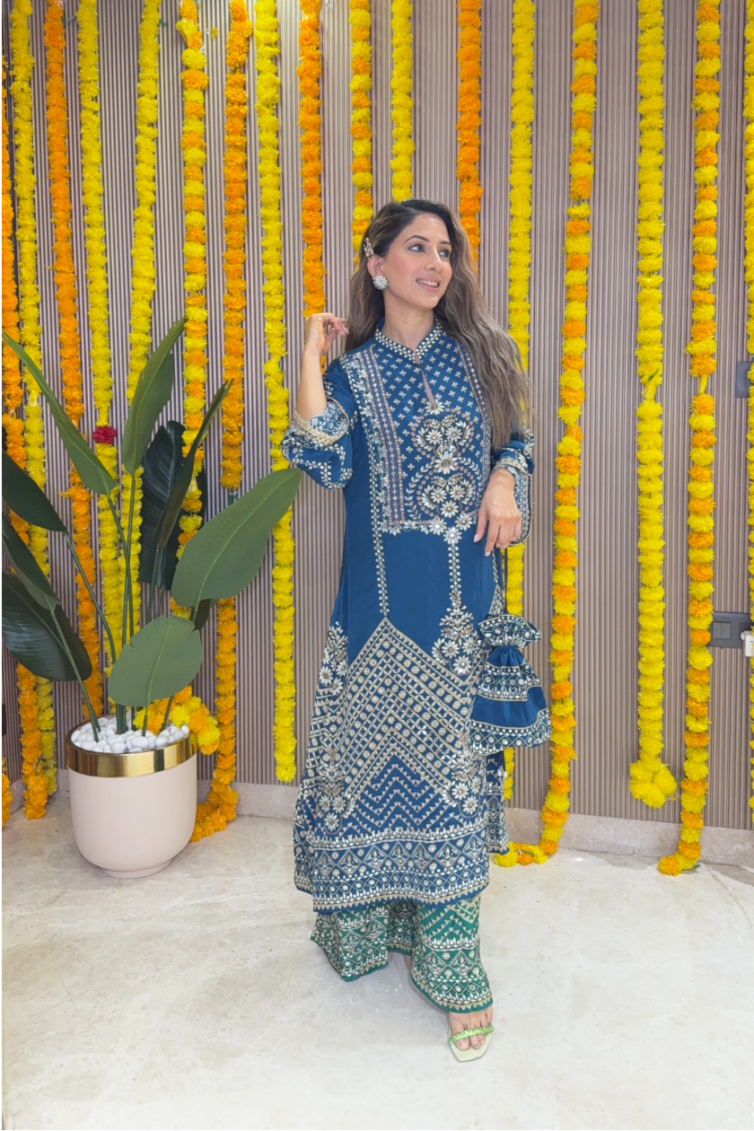 Son Chidhaiya - A-Line Kurta Set (Blue & Green)