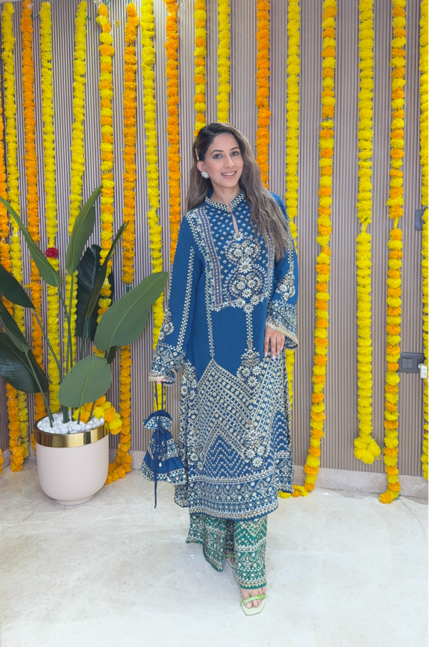 Son Chidhaiya - A-Line Kurta Set (Blue & Green)