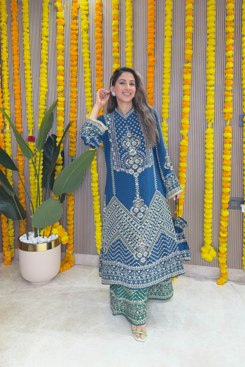 Son Chidhaiya - A-Line Kurta Set (Blue & Green)