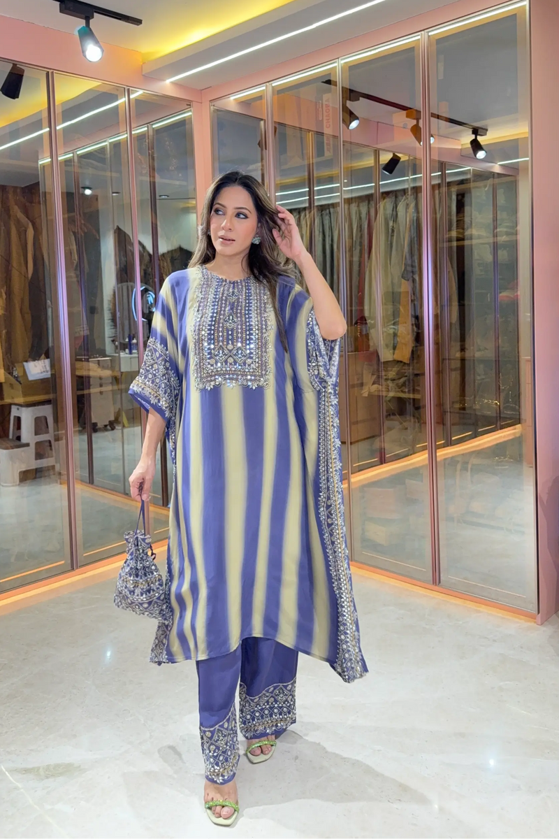 Salma Sitara - Kaftan Set - Cornflower Blue & Beige