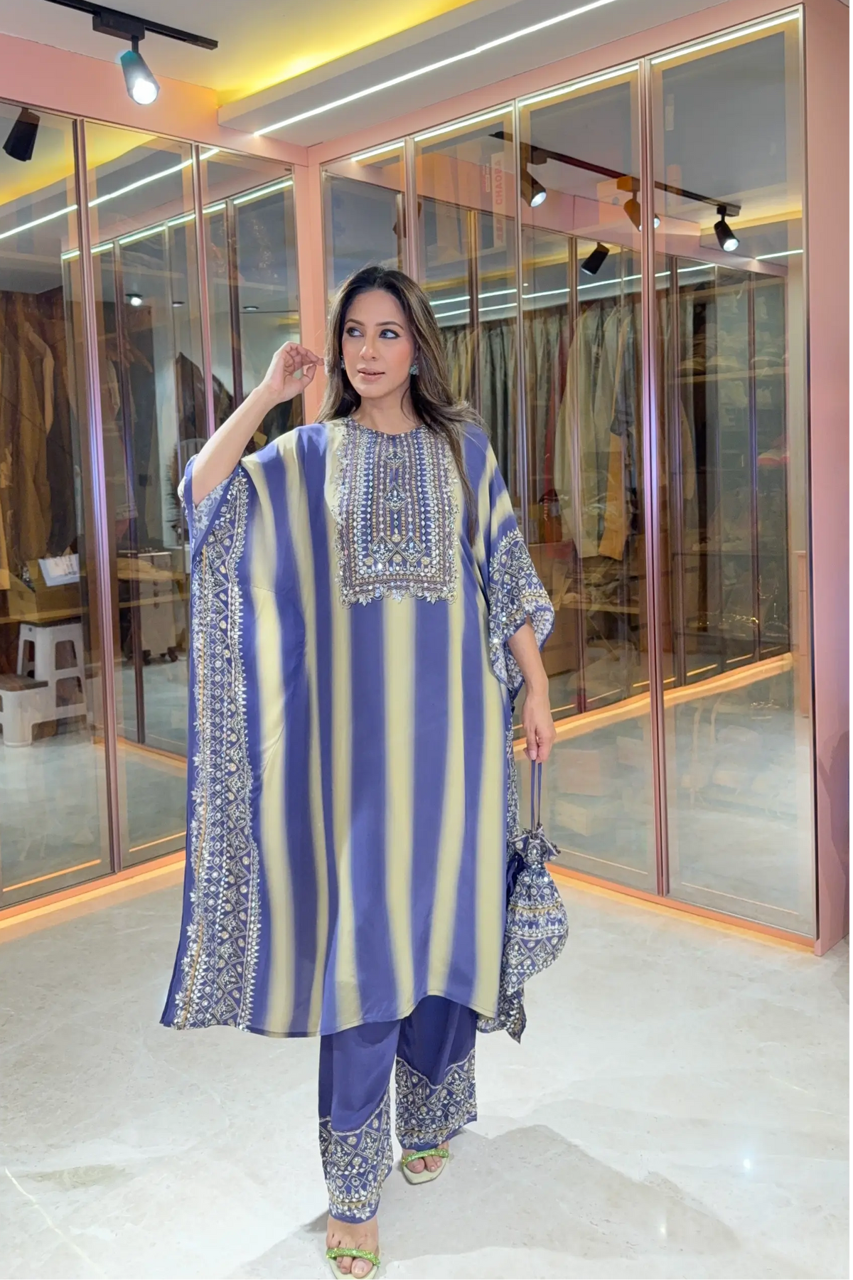 Salma Sitara - Kaftan Set - Cornflower Blue & Beige