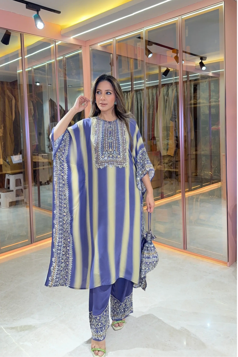 Salma Sitara - Kaftan Set - Cornflower Blue & Beige