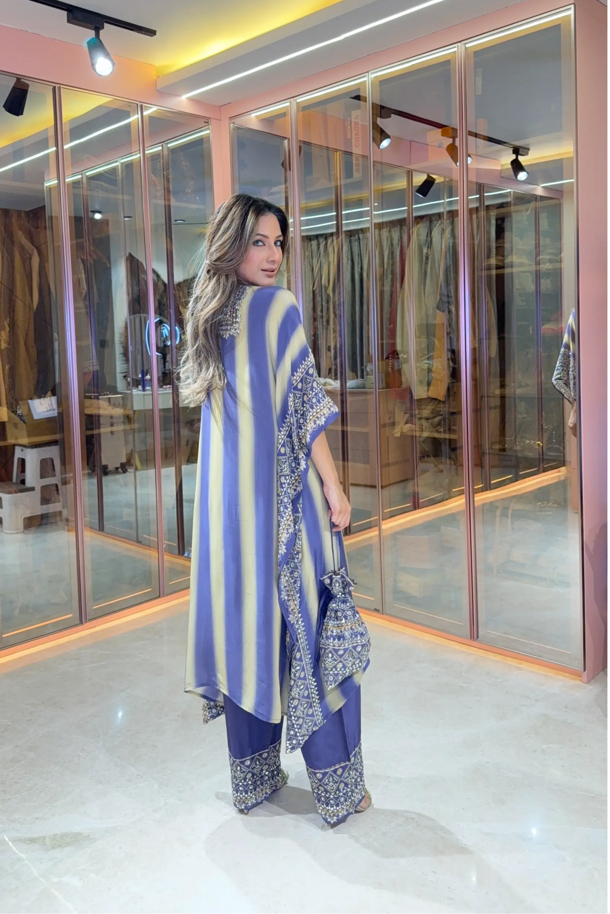 Salma Sitara - Kaftan Set - Cornflower Blue & Beige