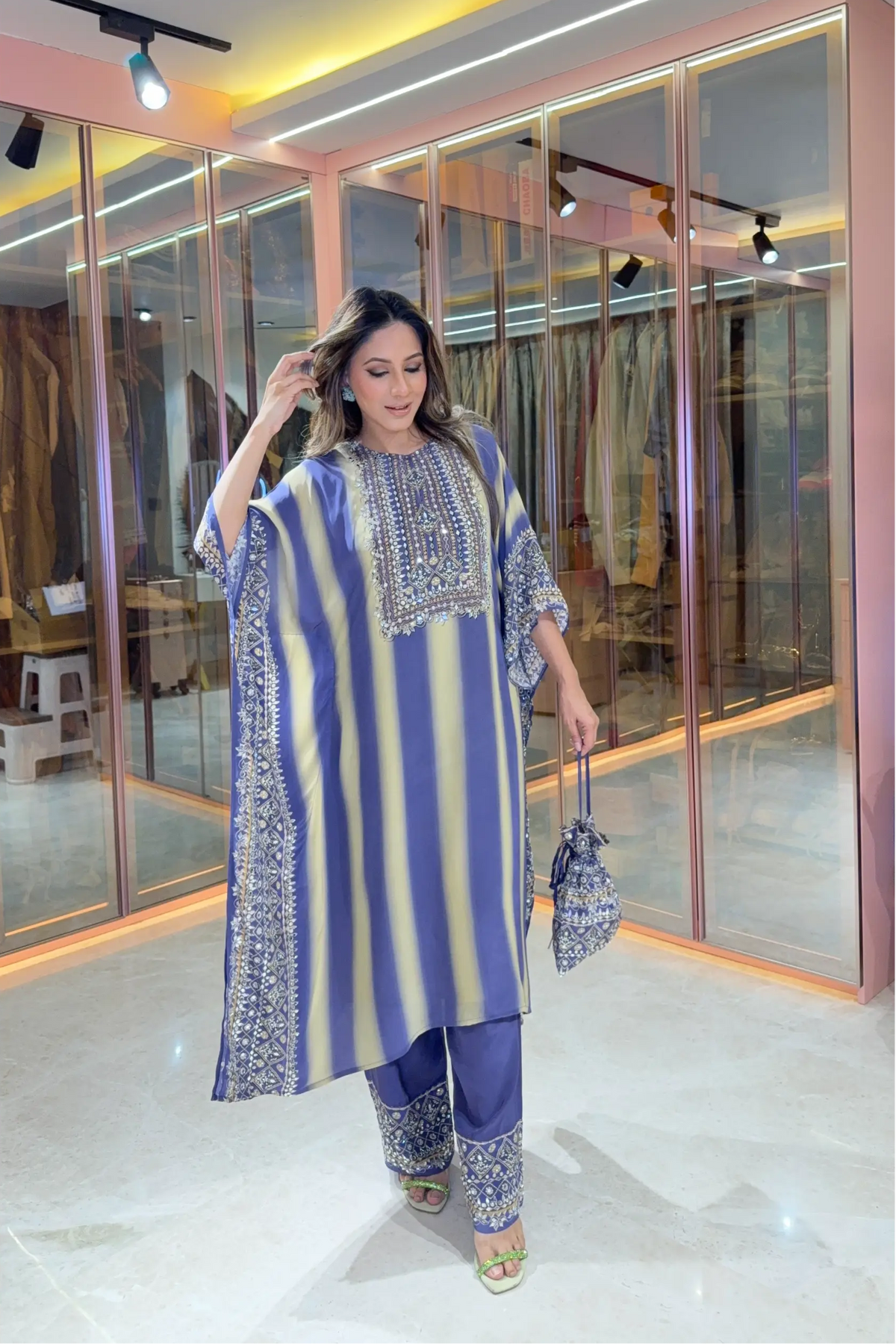 Salma Sitara - Kaftan Set - Cornflower Blue & Beige