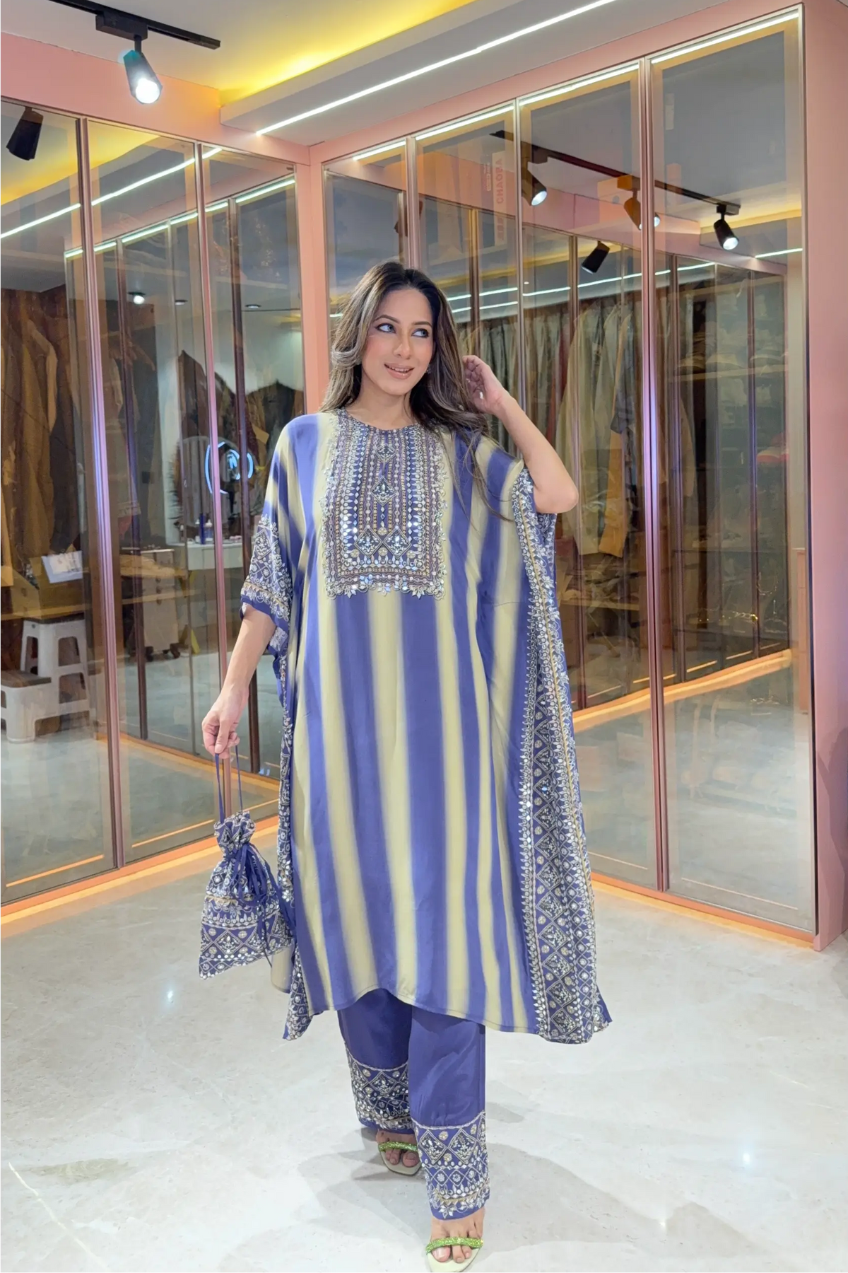 Salma Sitara - Kaftan Set - Cornflower Blue & Beige