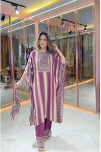 Salma Sitara - Kaftan Set - Wine Dregs & Beige