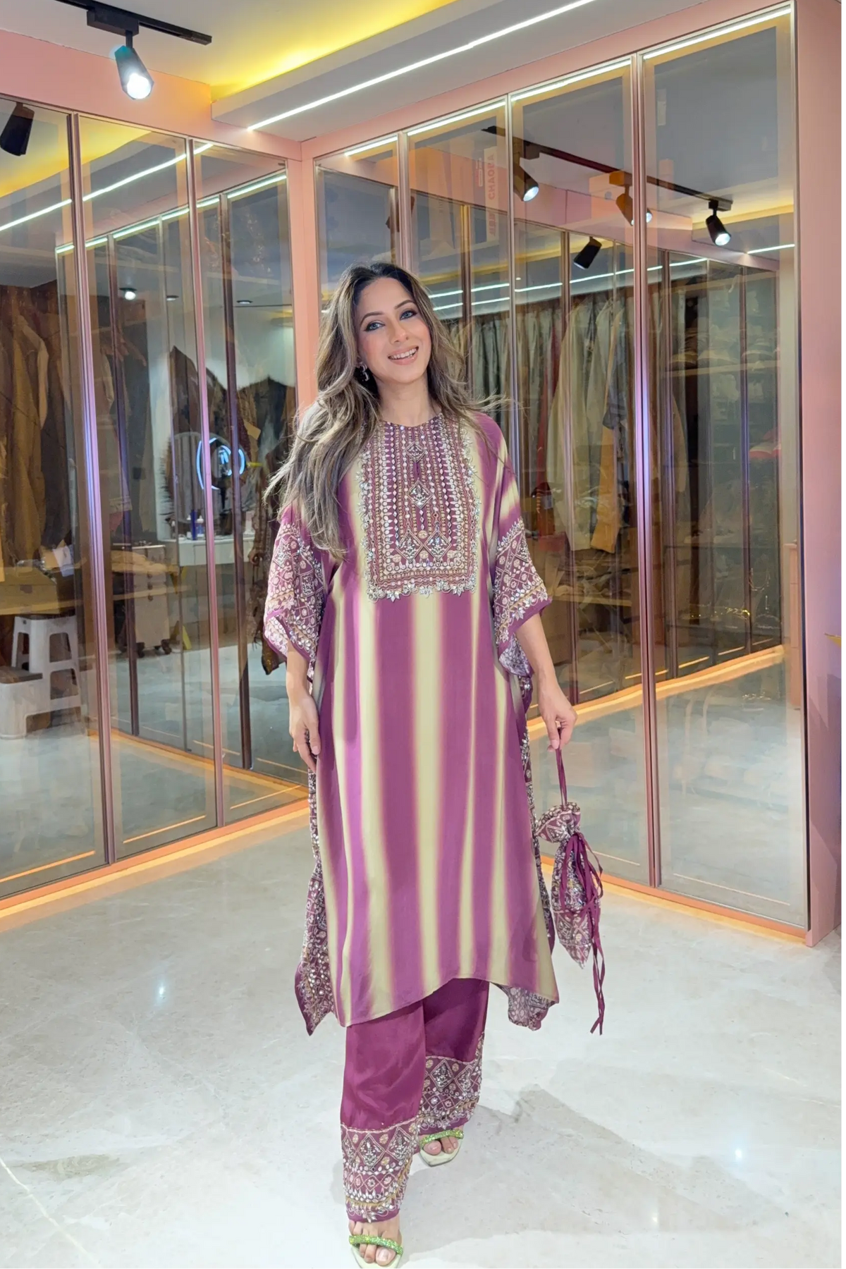 Salma Sitara - Kaftan Set - Wine Dregs & Beige