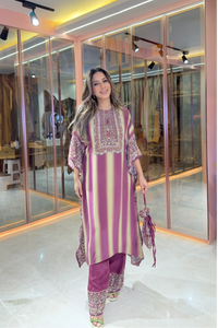 Salma Sitara - Kaftan Set - Wine Dregs & Beige