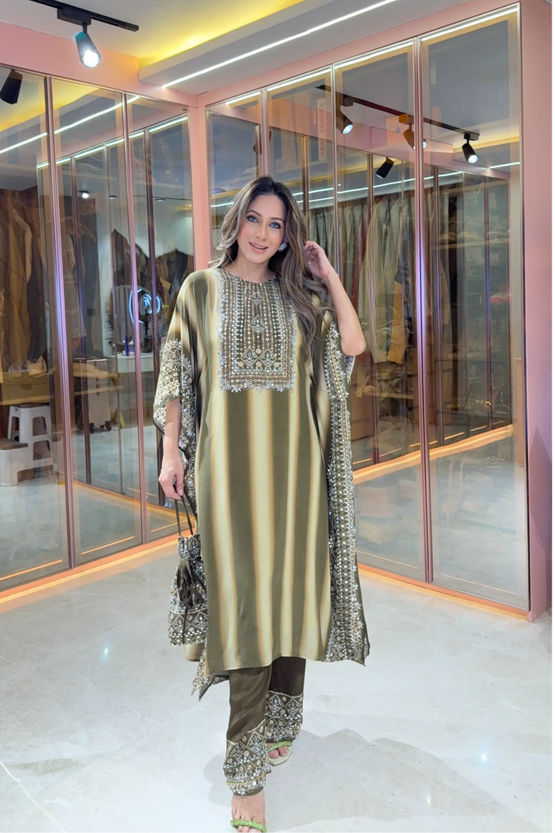 Salma Sitara - Kaftan Set - Olive Brown & Beige