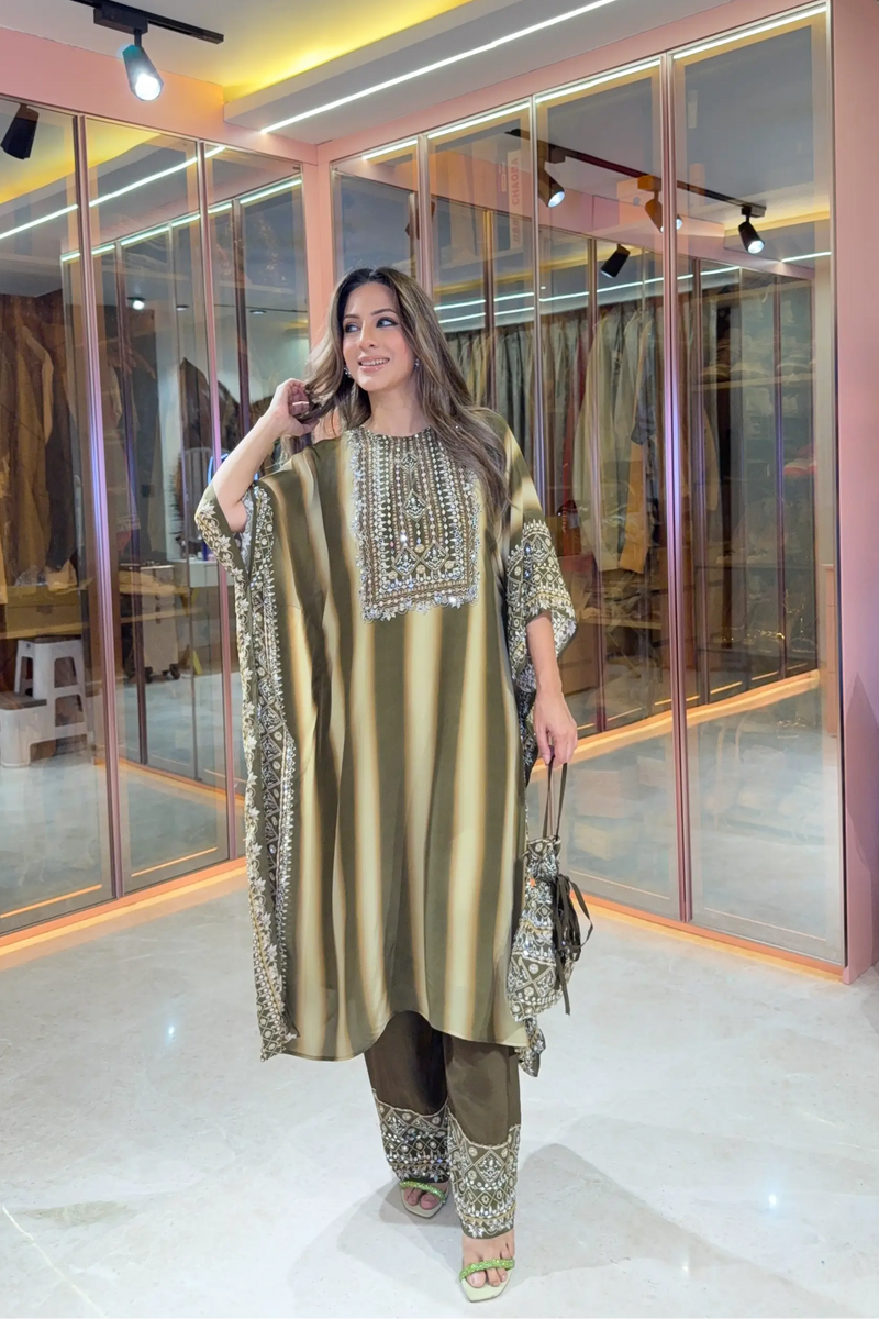 Salma Sitara - Kaftan Set - Olive Brown & Beige