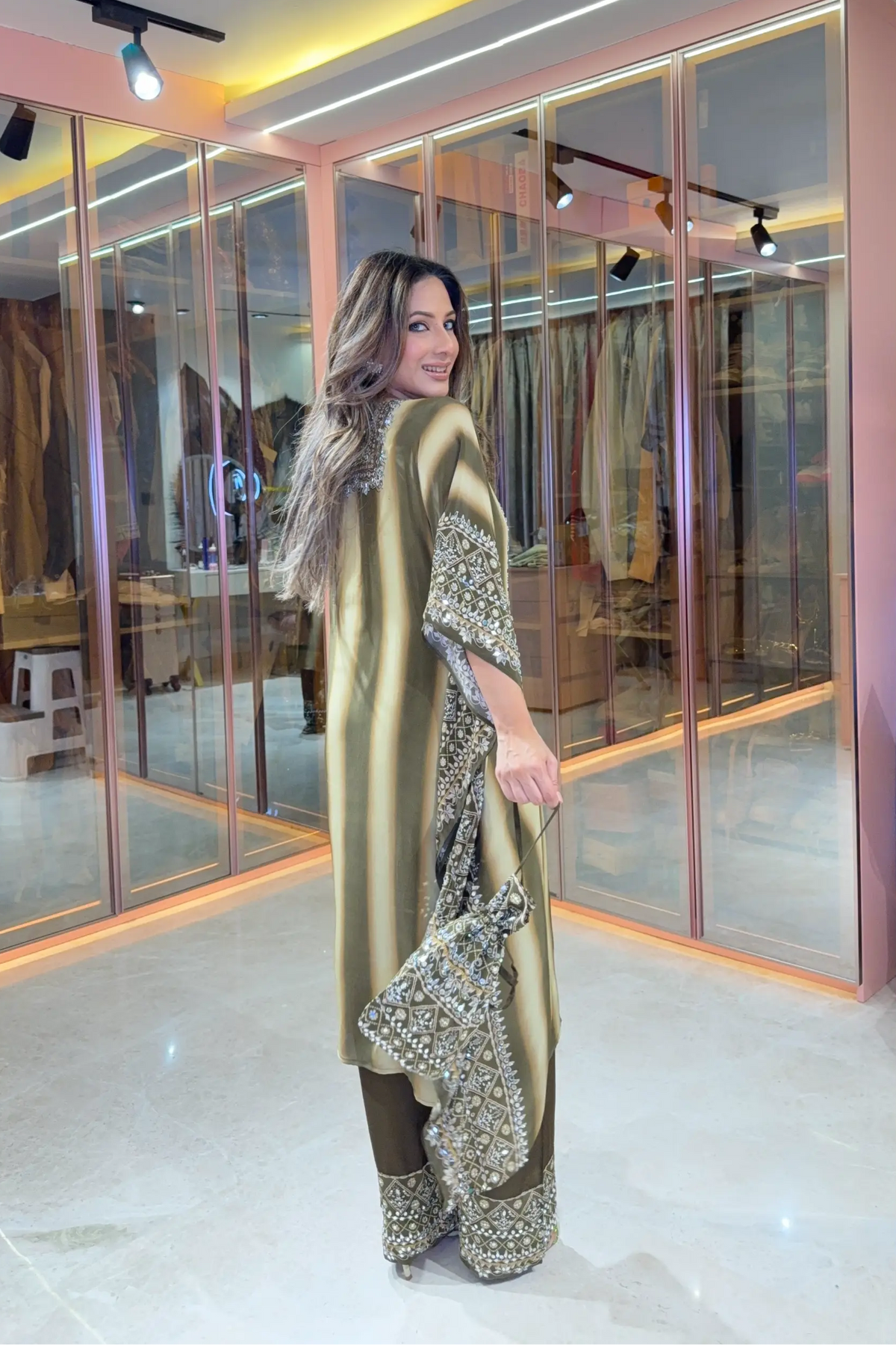 Salma Sitara - Kaftan Set - Olive Brown & Beige