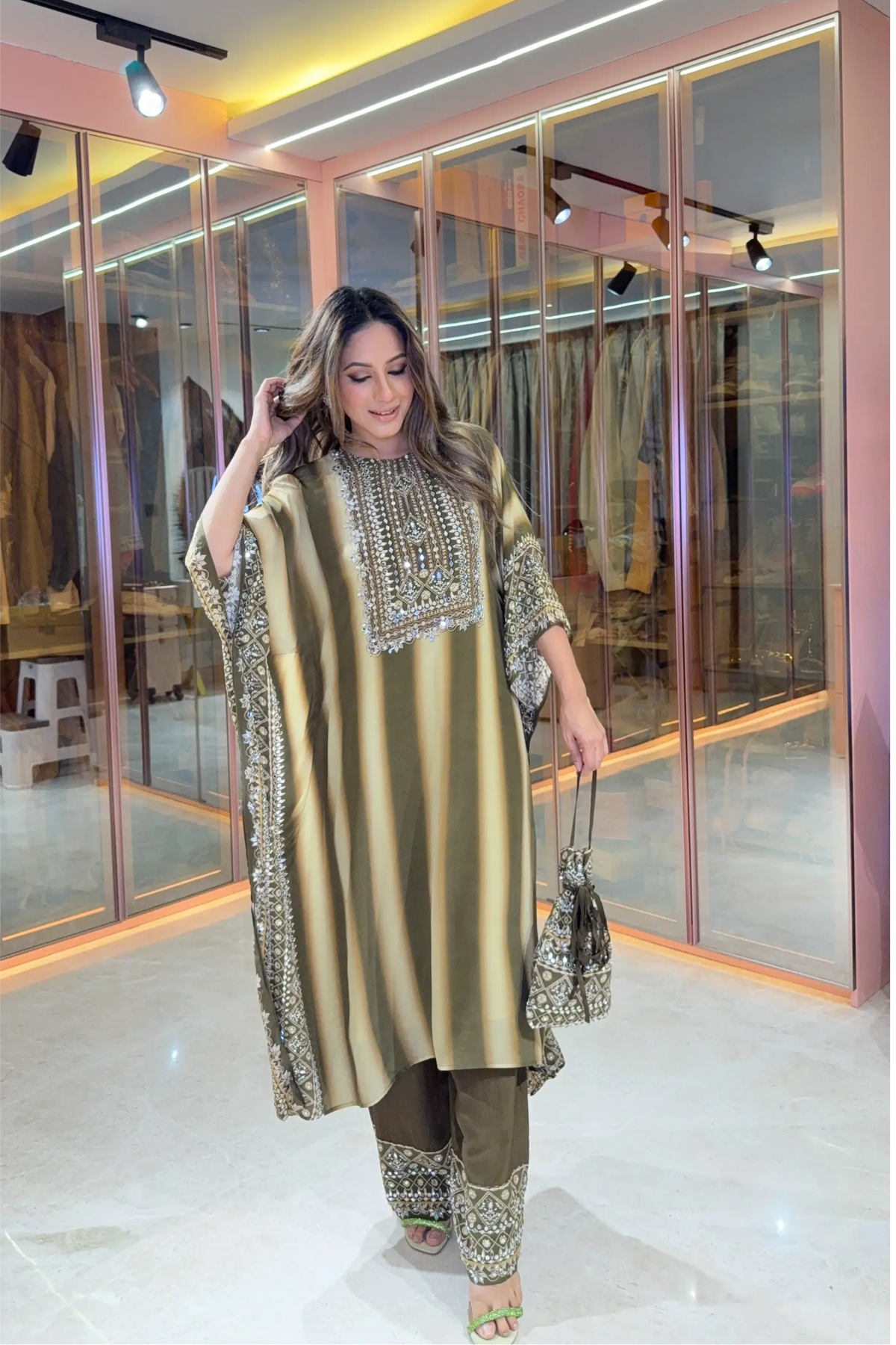 Salma Sitara - Kaftan Set - Olive Brown & Beige