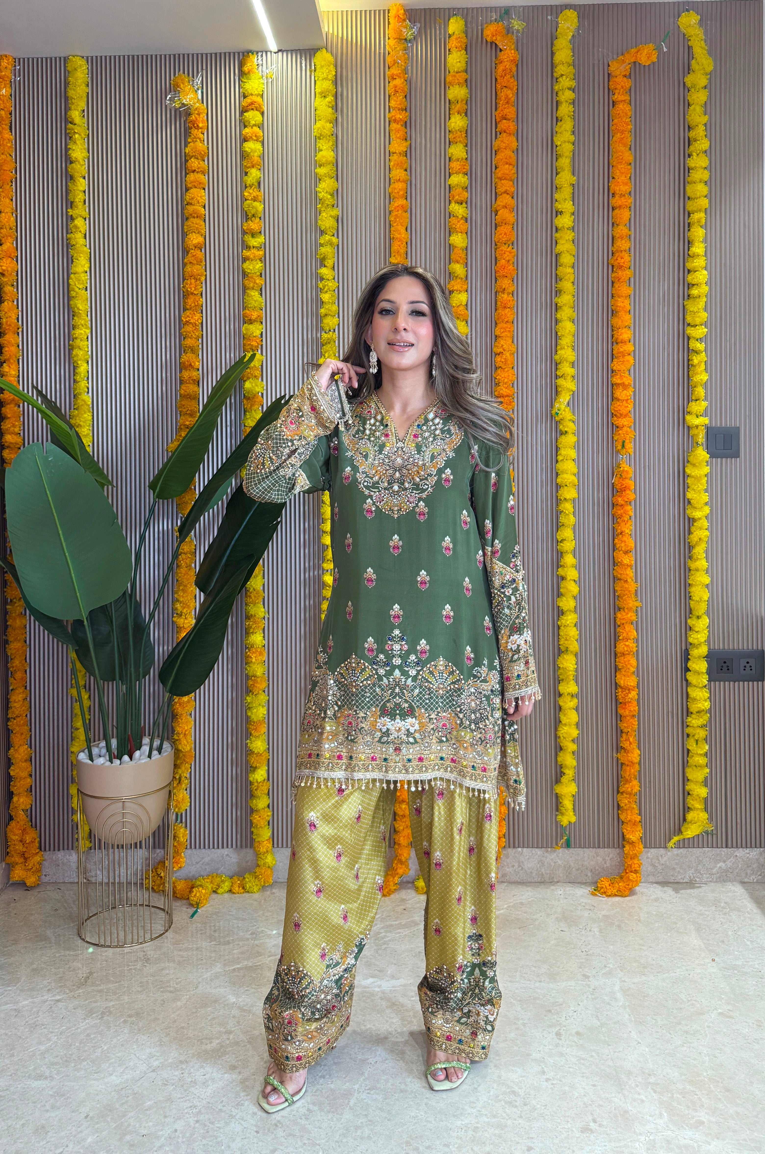 Rooh - Kurti with Farshi salwar & Dupatta -  Green and Mustard Yellow