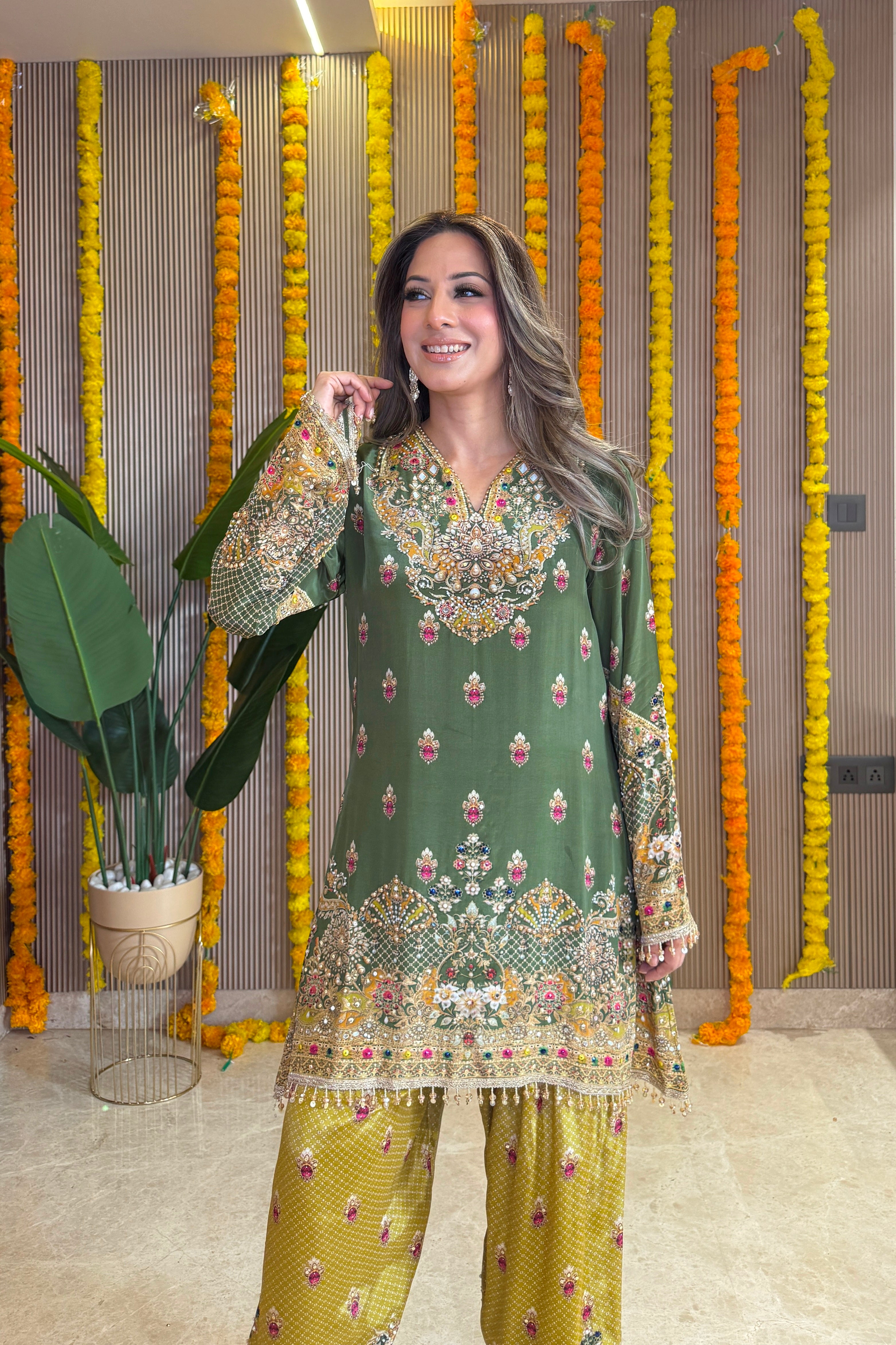 Rooh - Kurti with Farshi salwar & Dupatta -  Green and Mustard Yellow