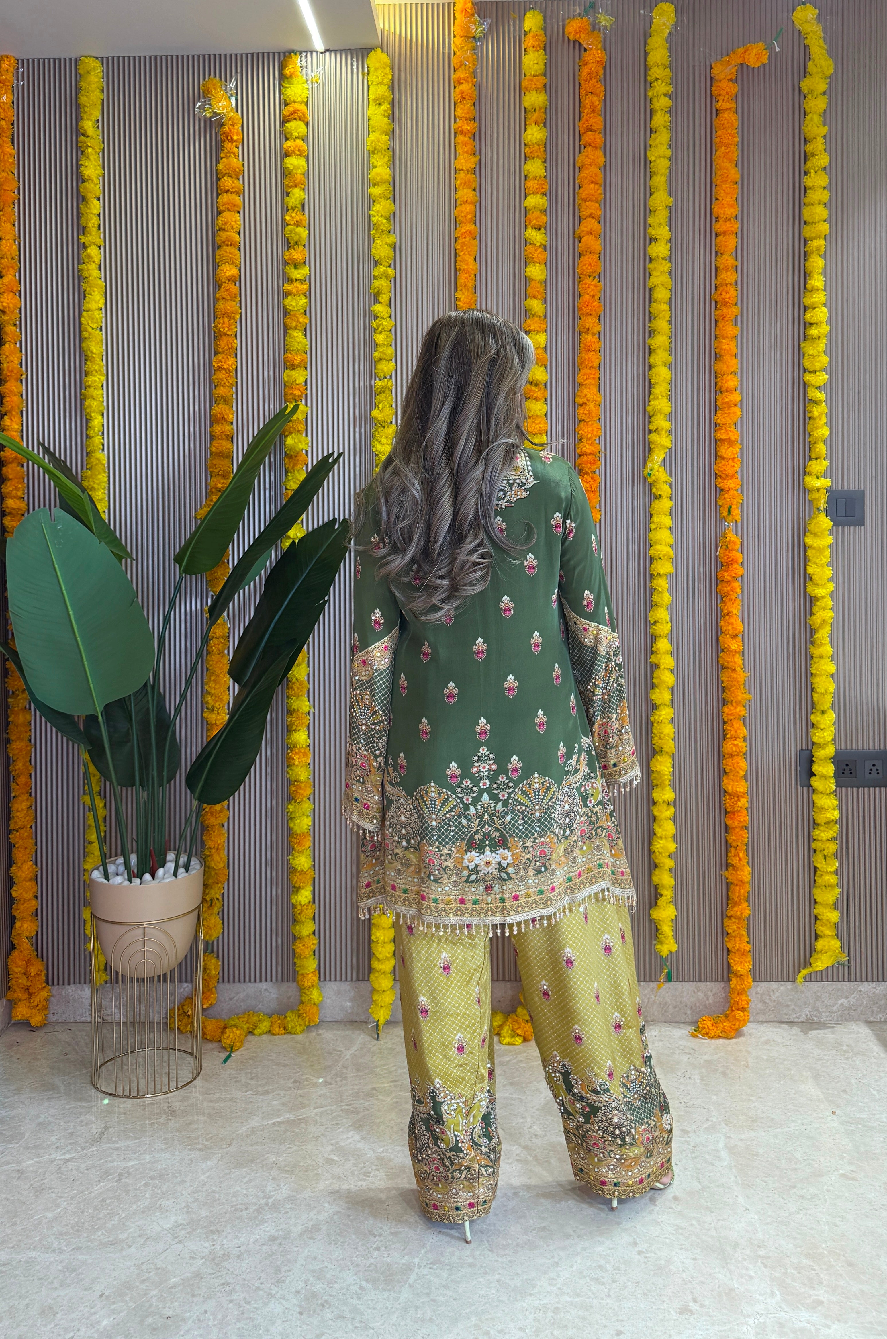 Rooh - Kurti with Farshi salwar & Dupatta -  Green and Mustard Yellow