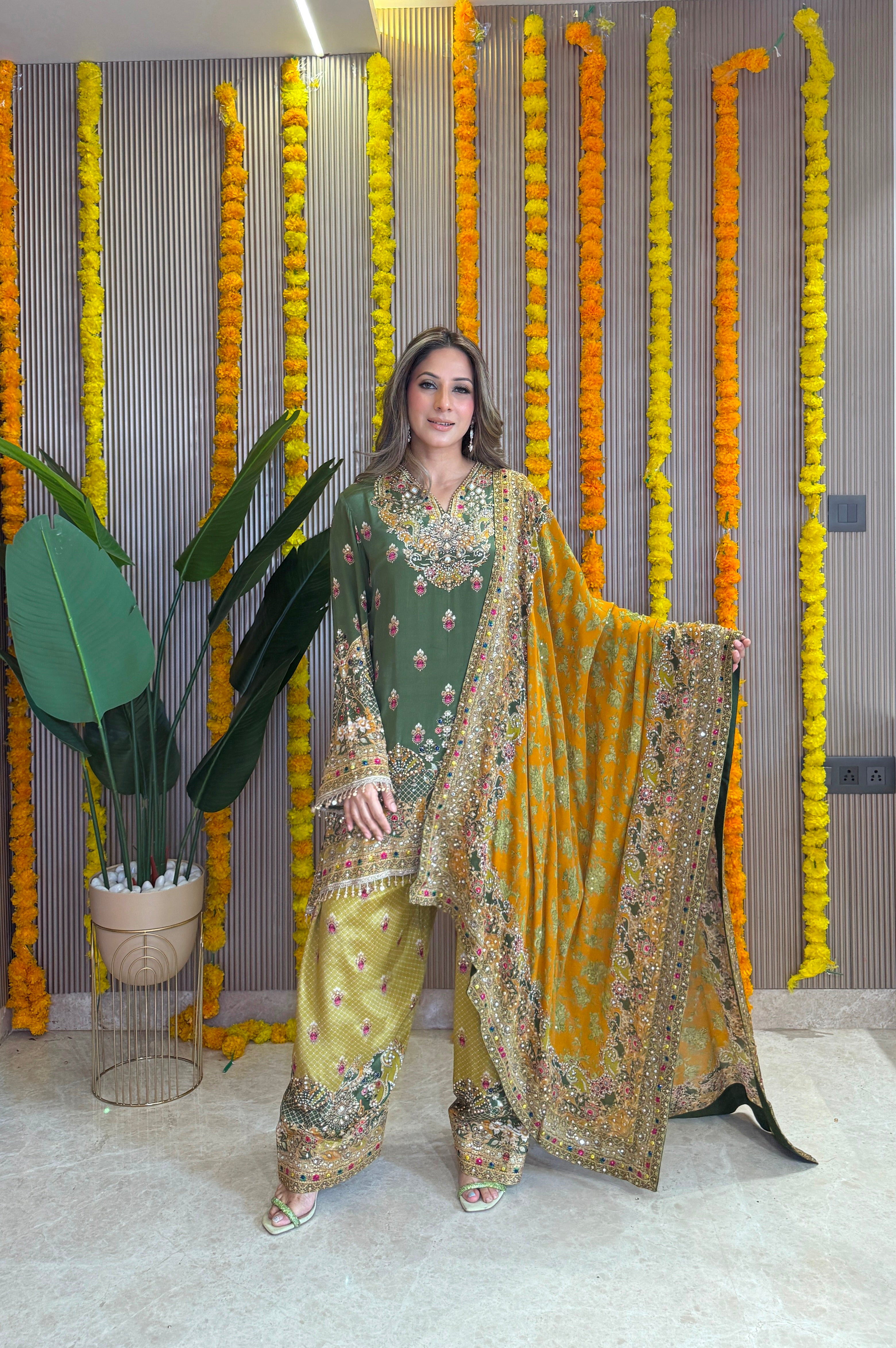 Rooh - Kurti with Farshi salwar & Dupatta -  Green and Mustard Yellow