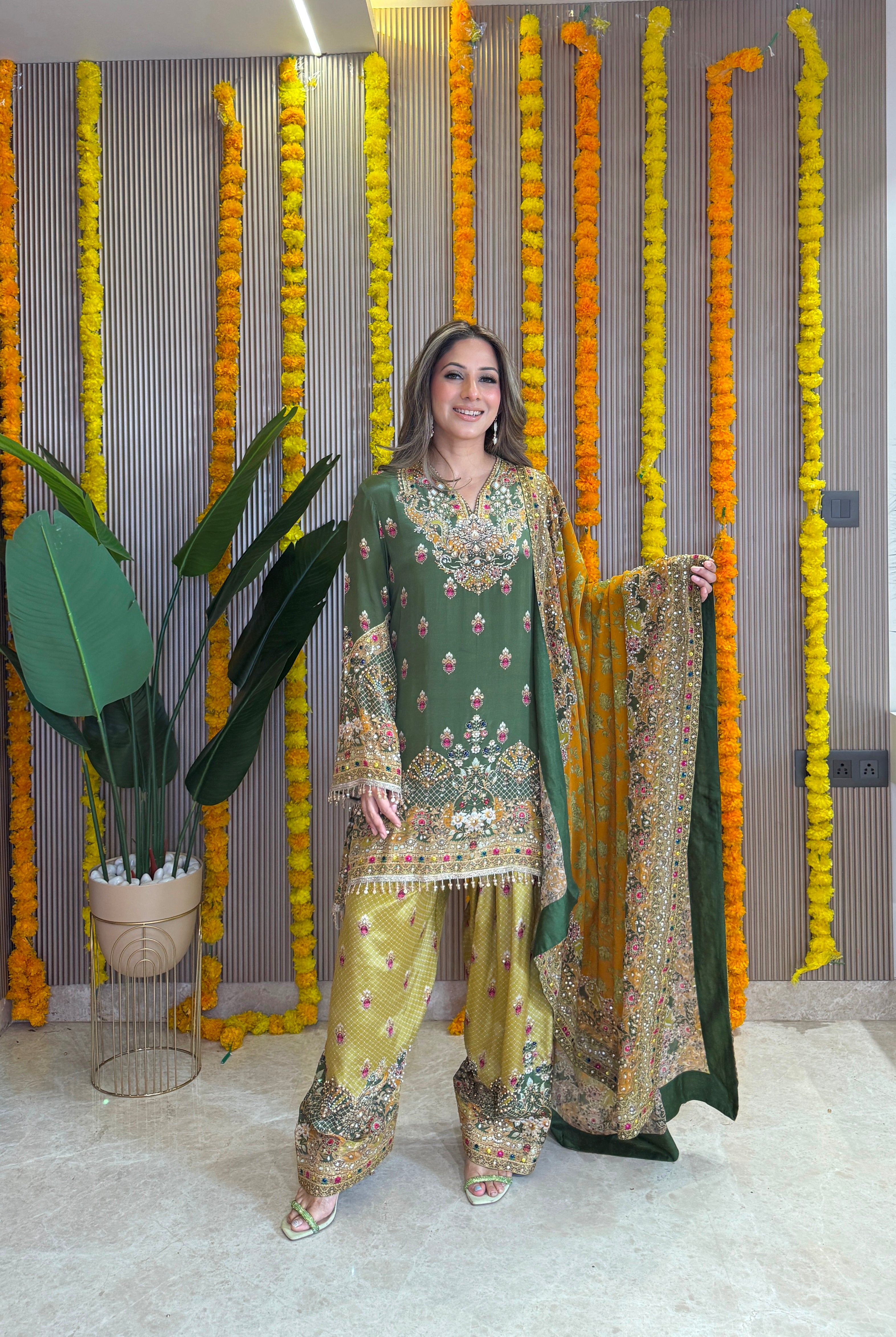 Rooh - Kurti with Farshi salwar & Dupatta -  Green and Mustard Yellow